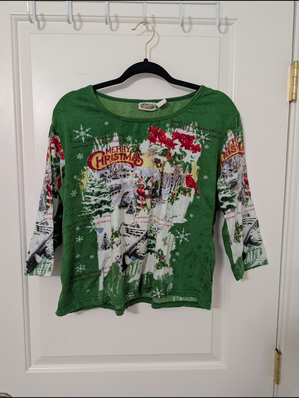 Collections Etc Christmas Shirt L Green Victorian Santa Holiday Cottagecore